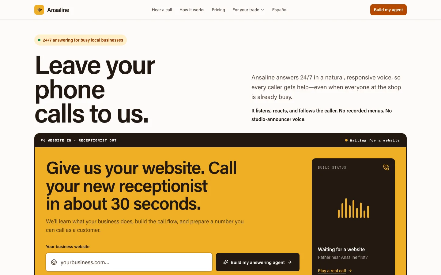Current Ansaline Switchboard homepage and instant receptionist builder