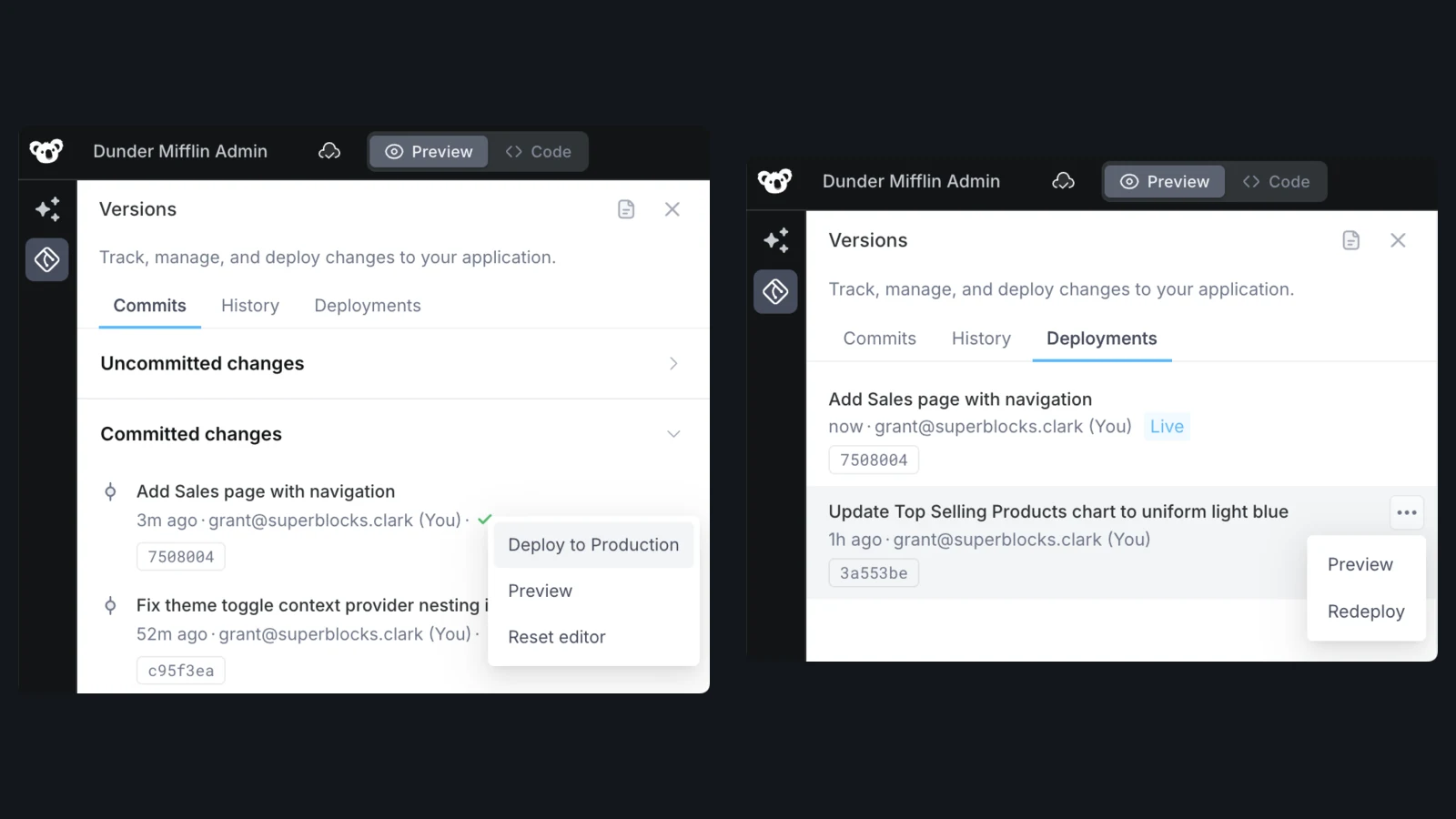 Superblocks Versions panel showing production deploy, reset, preview, and redeploy controls